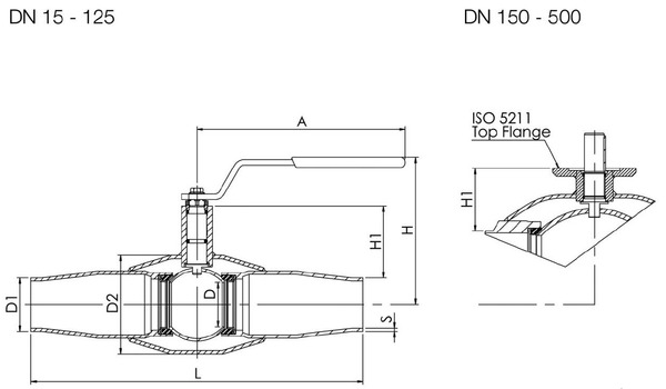 Кран шаровой Naval стальной полнопроходной, сварка/сварка, DN 15-500. Размеры